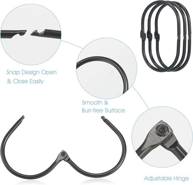 Shower Curtain Rings, Metal Black Shower Curtain Hooks, Oval Snap Shower Rings - Image 4