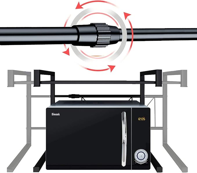 PUSDON Adjustable Carbon Steel Microwave Oven Rack, 2-Tier with 3 Hooks, 55lbs Weight Capacity, Black