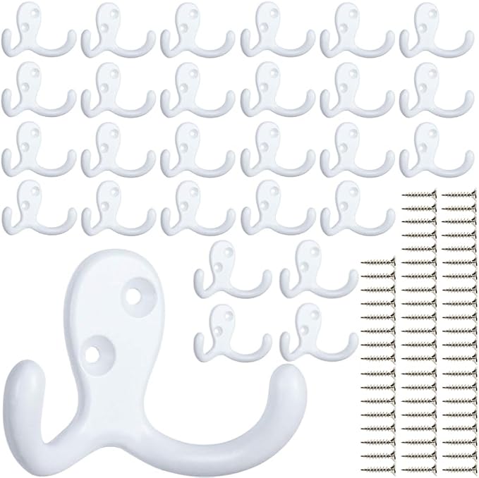 IBosins 28 Pack White Double Prong Coat Hooks Wall Mounted by IBosins