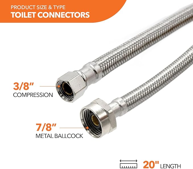 Stainless Steel Toilet Connection Kit - Braided Water Hose, 3/8" Compression x 7/8" Metal Ballcock, 12" Length (5Pack) + Supply Stop Valves, 5/8" x 3/8" Compression (5Pack)