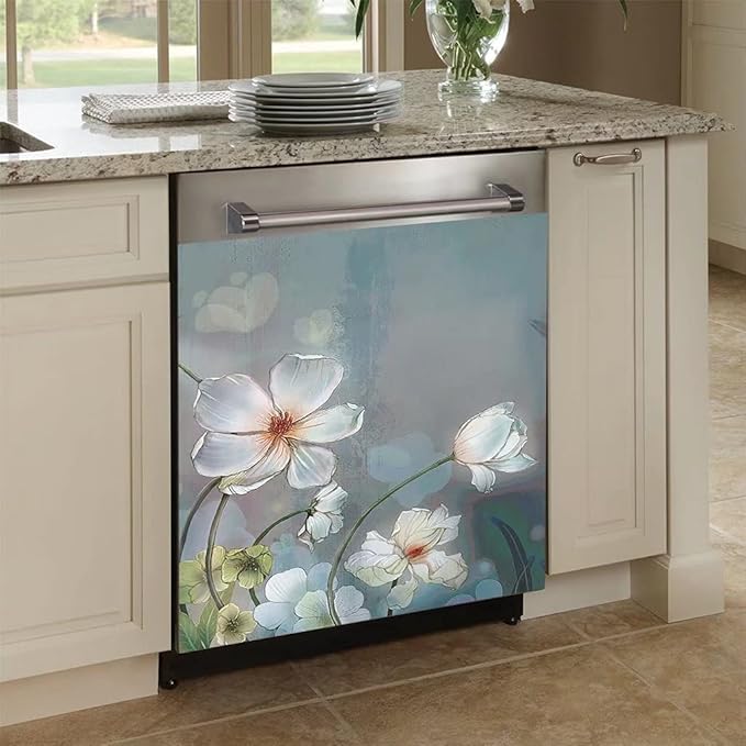 Blooming White Flowers Dishwasher Cover Decorative Magnet Dishwasher Covers for The Front Dishwasher Door Magnet Cover Sticker for Dishwasher Magnetic Dishwasher Cover Panel Decals for Kitchen