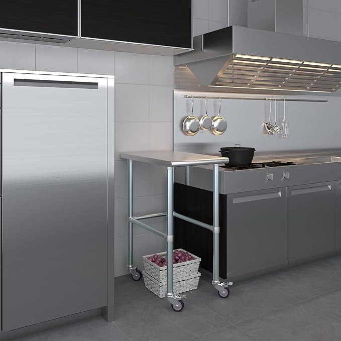 Stainless Steel Work Table Open Base & Wheels | Work Station | Metal Work Bench (Stainless Steel Work Table Open Base + Casters) (18" Long x 30" Deep)