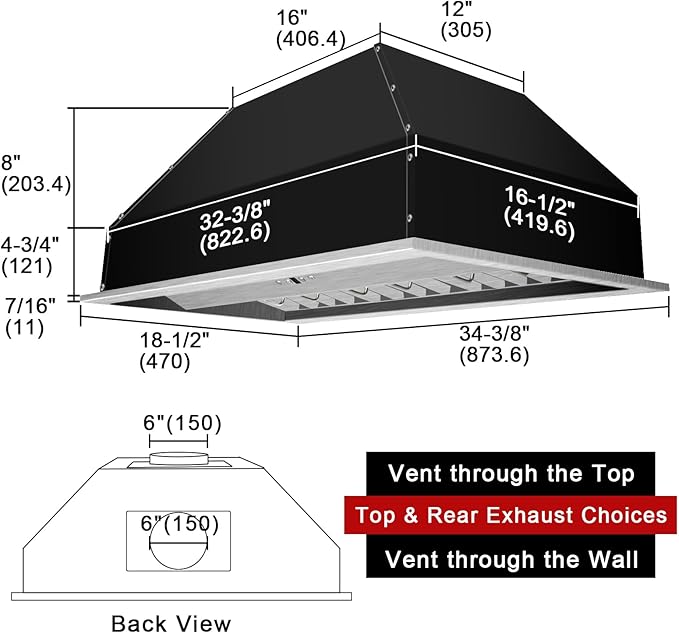 Akicon Range Hood Insert 36 Inch, Ultra Quiet, Powerful Suction Built-in Kitchen Vent Hood, Stainless Steel Ducted Stove Hood with Dimmable LED Lights Warm White, 3-Speeds 600CFM
