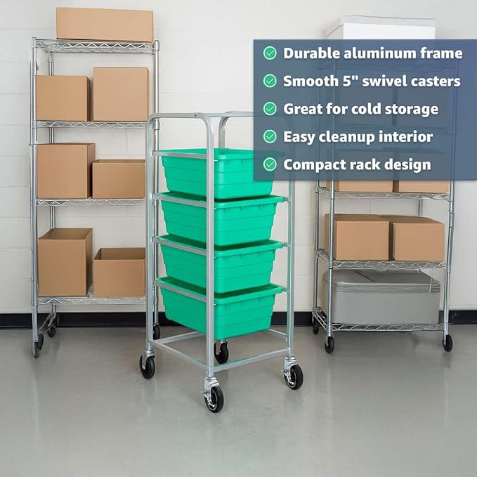 19"x26"x53" Mobile Aluminum Lug Rack with 4 Red Tote Boxes – NSF Heavy-Duty Commercial Storage Cart with 5" Swivel Casters, Portable Food Prep & Dishroom Utility Rack – Freezer Safe, 4 Lug Capacity