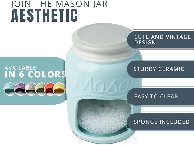 Comfify Aqua Blue Mason Jar Ceramic Sponge Holder – Farmhouse Sink Caddy - Image 2