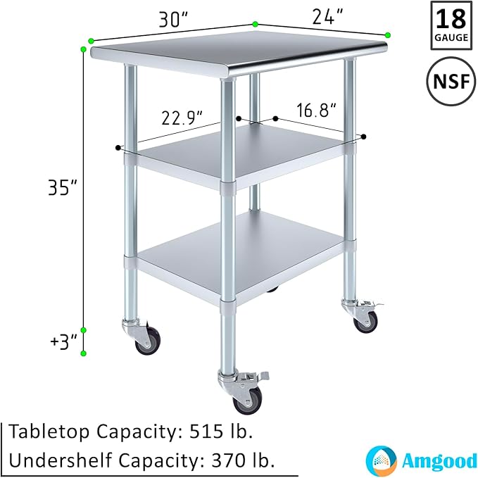 AmGood Stainless Steel Work Table with 2 Shelves and Casters | Metal Utility Table On Wheels (Stainless Steel Work Table with 2 Shelves + Casters, 30" Long x 24" Deep)