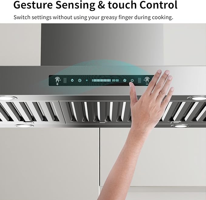 IKTCH Upgrated 36 inch Island Mount Range Hood, 900 CFM Ducted Range Hood with 4 Speed Fan, Stainless Steel with Gesture Sensing & Touch Control Making life Smarter IKIS02-36