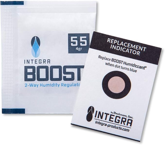 Integra Boost 55% RH Level - 4 Gram Size - Two-Way Humidity Control Pack - Incl. Replacement Indicator Cards - Food Storage & Herbs Moisture Balancer for Up to 1/2 oz (Pack of 50)