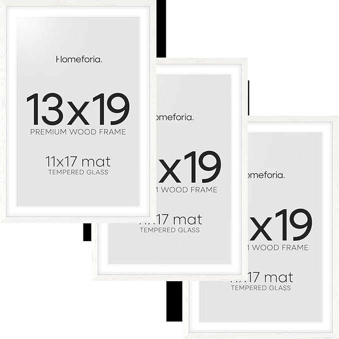 Homeforia 13x19 Picture Frame White, High End Oak 13x19 White Wood Frame with Mat 11x17 Photo, 13 x 19 Wooden Poster Frames Matted to 11 by 17, 19x13 Hanging Frames, Tempered Glass, Wall Kit, Set of 3