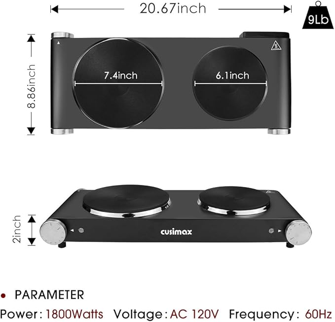 CUSIMAX Double Hot Plates Electric Burner, 1800W Countertop Cooktop with Adjustable Temperature Control, Hot Plates for Cooking Portable Electric Stove, Black Stainless Steel Cooktop, Upgraded Version