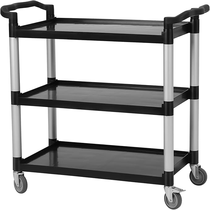 3-Shelf Rolling Utility Push Cart on Wheels, 500 LBS Capacity Heavy Duty Black Steel Organizer, Service Cart Push Cart for Restaurant, Bathroom, Catering Service & Business Tools Cleaning