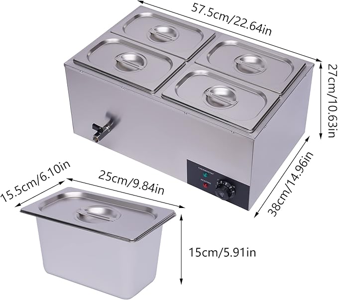 Electric Bain Marie Food Warmer, 600W 4-Pan Commercial Steam Table Food Warmer, 17Qt Portable Countertop Restaurant Buffet Steam Table 86-185℉ Temp Range for Parties, Caterings, Buffets