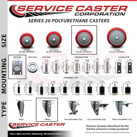 Service Caster Brand Replacement Caster for Uline Caster H-7448S - Stainless Steel Swivel Top Plate Caster with 4 Inch Red Polyurethane Wheel - Fits Carts and Platform Trucks H-3352
