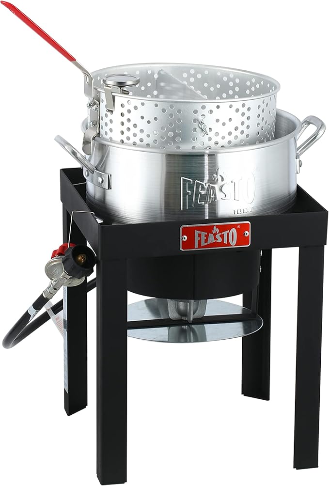 10 Qt Fish Fryer Pot and Basket, Aluminum Propane Fish Fryer Kit with 50,000 BTUs Output and Thermometer for Outdoor and Backyard Cooking, Silver & Black