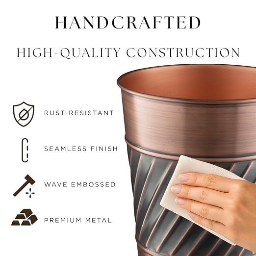 Monarch Abode Metal Bathroom Trash Can – Waste Basket for Bedroom, Office Desk, & Dorm, Handcrafted Wave Embossed, Durable Decorative Antique Copper Small Trash Can Bathroom Garbage Bin Wastebasket