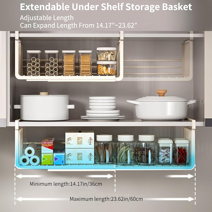 Extendable Under Shelf Storage Basket, Hanging Baskets Under Cabinet Shelf Organizer, for Cabinet Pantry Kitchen Cupboard Desk Counter Bookshelf Space Saver Heavy Duty Slide-in (off - white, 2 Pack)