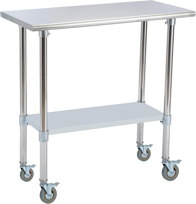 Stainless Steel Work Table 30“L x24 D, NSF Commercial Food Prep Worktable with Adjustable Undershelf and Casters for Restaurant, Home and Outdoors (30“L x24 D)
