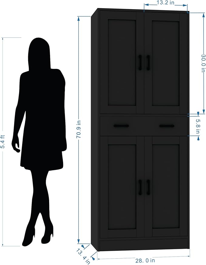 71" Tall Kitchen Pantry Cabinet, Freestanding Storage Cabinet with Drawer and 4 Doors, Large Black Utility Floor Cupboard with Adjustable Shelves for Dining Room, Bathroom, Home Office