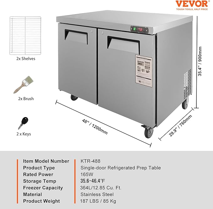 VEVOR Commercial Refrigerator, 48" Worktop Undercounter Refrigerator, 12.85 Cu. Ft Thick Stainless Steel Refrigerated Food Prep Station, 2 Door Worktop Fridge with lock for Restaurant, Bar, Diner