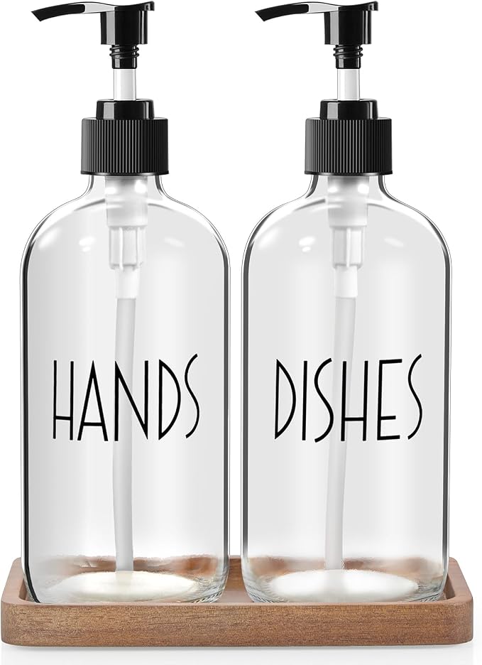ALELION Glass Soap Dispenser - 16 OZ Clear Dish and Hand Soap Dispenser Set by ALELION
