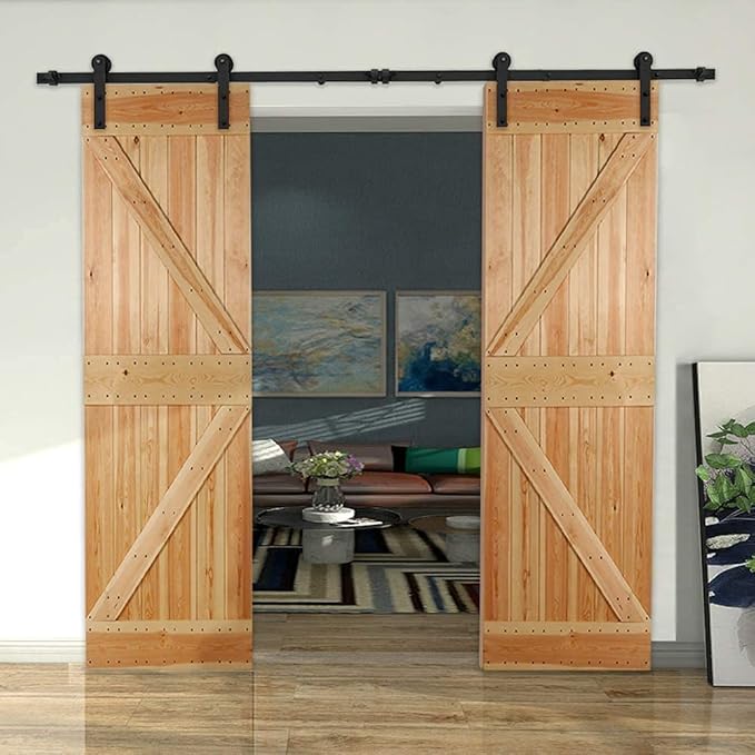 CCJH 11.5FT Sliding Barn Door Hardware Kit, Heavy Duty, Smoothly and Silently, Easy to Install, Fit 34.5" Width Double Door Panel, I Shaped Hangers Black