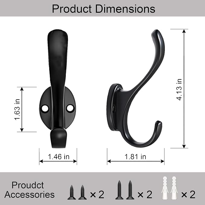 7PCS Black Heavy Duty Double Wall Coat Hooks - Image 2