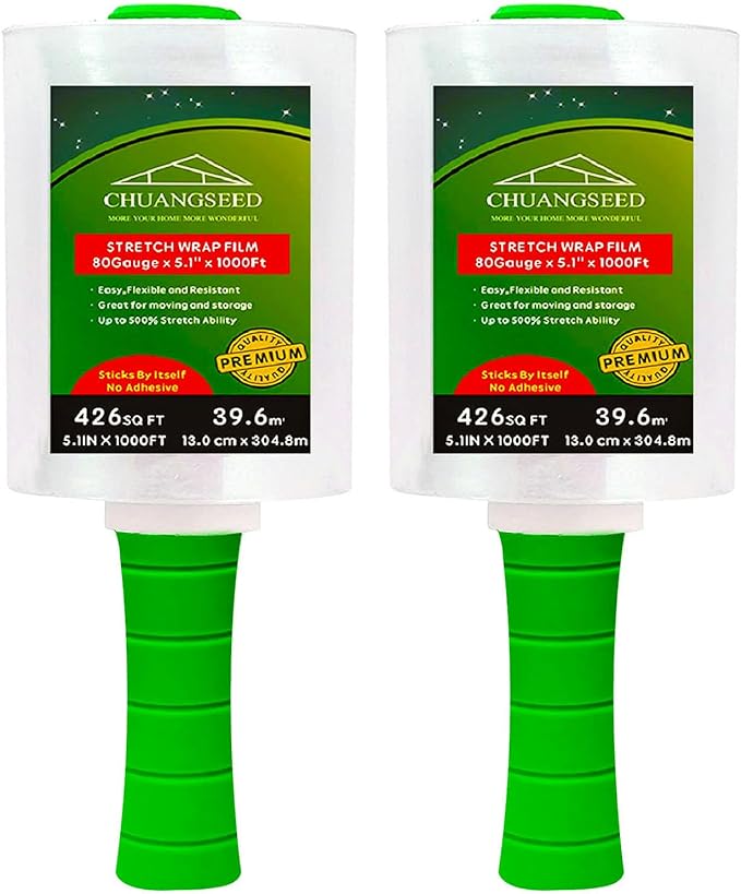 2-Pack Industrial Mini Clear Stretch Wrap Film 80 Gauge 5.1" 1000ft by CHUANGSEED