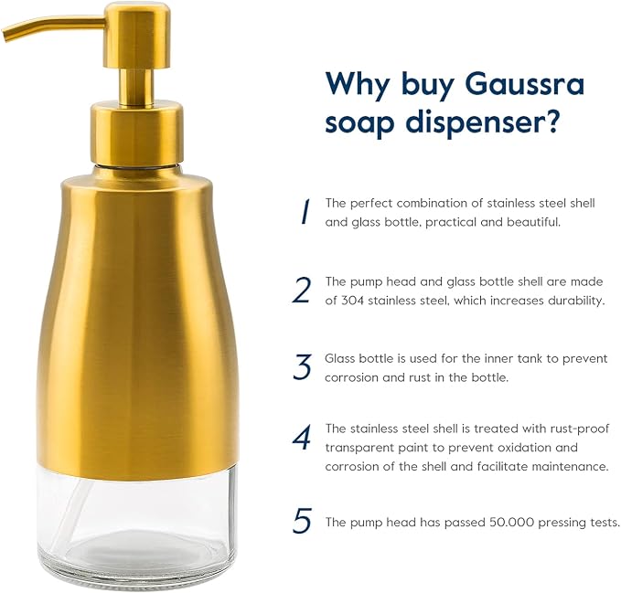 Gaussra Gold Soap Dispenser - 11 OZ / 320 ML | Brushed Gold Stainless Steel - Image 7
