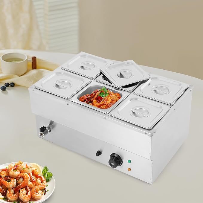 6 Pan Commercial Food Warmer,110V 1500W Electric Stainless Steel Steam Food Warmer with Lid,Electric Bain Marie Countertop with Temperature Control for Catering,Restaurant,Party (6-Pan)