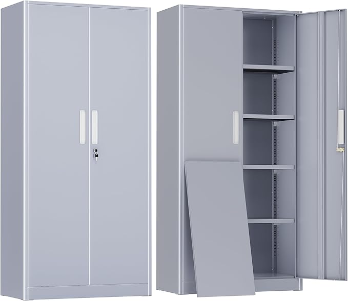 Greenvelly Metal Garage Storage Cabinet with 2 Doors and 4 Adjustable Shelves, 72”H Steel Lockable Storage Cabinet,Tall Metal Cabinet Locking File Cabinet for Office,Home, Garage, Gym, School