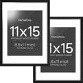 Homeforia 11x15 Picture Frame Black Wood, High End Oak 11x15 Poster Frames with Mat 8.5x11, 11 x 15 Wooden Frames Matted to 8.5 x 11 inch Photo, 15x11 Hanging Frame, Tempered Glass, Wall Kit, Set of 2