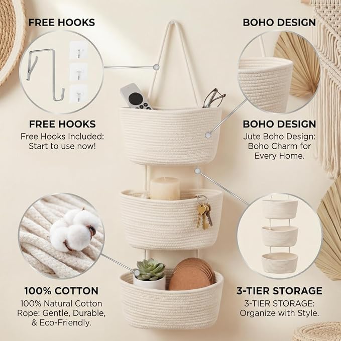 Over the Door Basket Organizer, 3 Tier Hanging Basket - Image 4