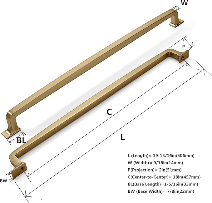 khtumeware | Appliance Handle Pull | Brushed Satin Brass | 18 in (457 mm) Center-to-Center Drawer Pull | 1 Pack| Kitchen and Bathroom Cabinet Hardware | Furniture Hardware