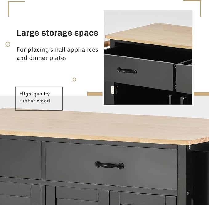 Favfurish Kitchen Island Cart on Locking Wheels with 4 Cabinet and 2 Drawers, Rolling Coffee Bar Trolley w/Solid Wood Tabletop, Adjustable Shelves, Spice & Towel Side Rack, for Dining Room, Black