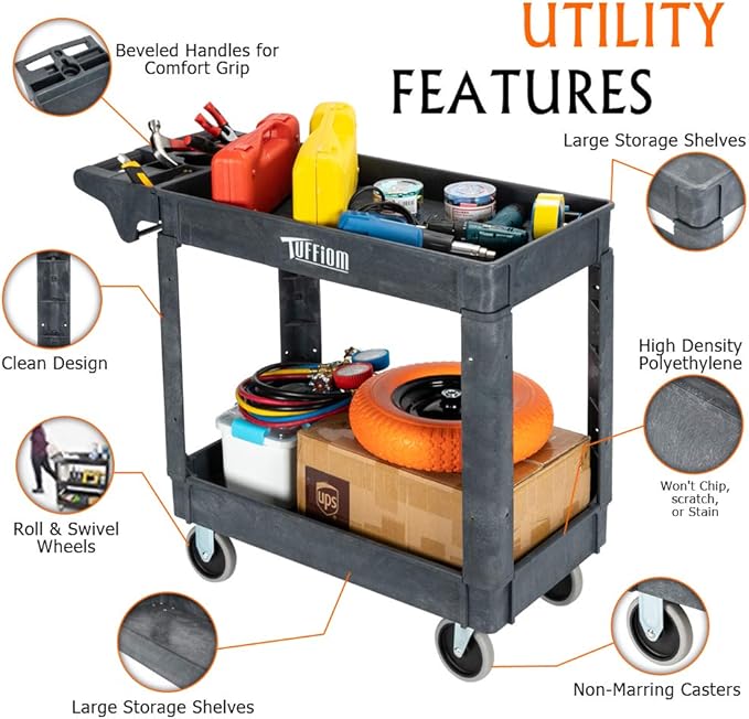 TUFFIOM Plastic Service Utility Cart with Wheels,550lbs Capacity,Heavy Duty Tub Storage Cart W/Deep Shelves, Multipurpose Rolling 2-Tier Mobile Storage Organizer, for Warehouse Garage Industrial Cart