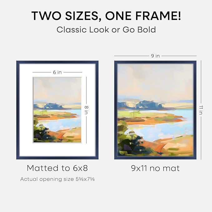 Homeforia 9x11 Navy Blue Frame, High End Metal 9 x 11 Picture Frames with Mat 6 by 8 inch Photo, 9by11 Poster Frame Matted to 6x8 Print, 11x9 Wall or Tabletop Frame, Tempered Glass, Wall Kit, Set of 2