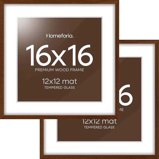 Homeforia 16x16 Brown Picture Frame, High End Dark Oak 16 x 16 Square Wood Frame with Mat 12 x 12 for Photo, 16by16 Wooden Walnut Poster Frame Matted to 12x12 Print, Tempered Glass, Wall Kit, Set of 2