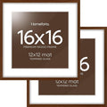 Homeforia 16x16 Brown Picture Frame, High End Dark Oak 16 x 16 Square Wood Frame with Mat 12 x 12 for Photo, 16by16 Wooden Walnut Poster Frame Matted to 12x12 Print, Tempered Glass, Wall Kit, Set of 2