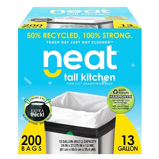 Neat 13 Gallon Drawstring Trash Bags 24" x 25" 200 Count Black & White by NeatTrashBags