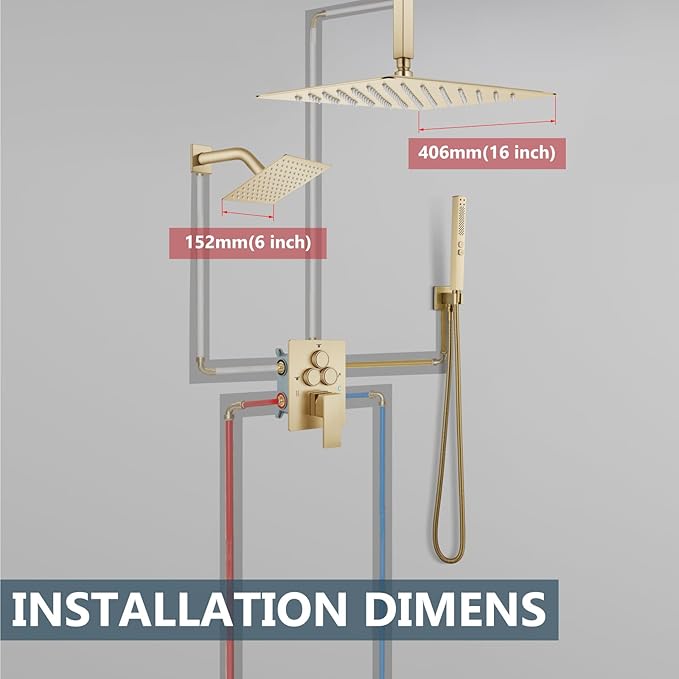 Aolemi Shower Faucet Set Ceiling Mount Shower System Rough-in Valve and Shower Trim Kit 2 in 1 Handheld Spray Push Button Diverter 16 and 6 Inch Dual Shower Head Brushed Gold