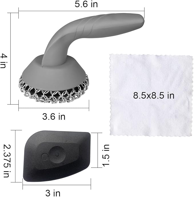 Cast Iron Scrubber with Pan Scraper & Towl, 316 Chainmail Scrubber with Long Handle, Upgraded Chain Mail Scrubber Cleaner for Grill Pan Skillet Wok Carbon Steel Dutch Oven Metal Brush (Grey)