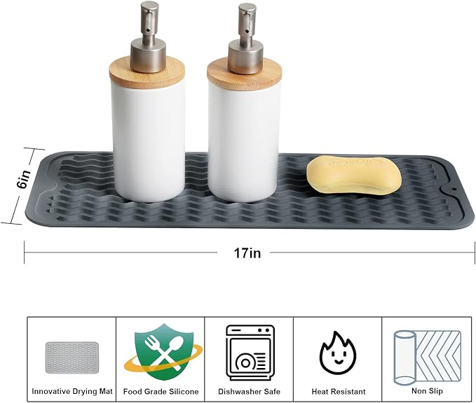 ZLR Small Dish Drying Mat for Kitchen Counter, Dark Gray | Narrow Silicone - Image 2