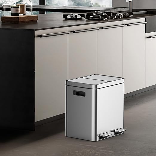 Garvee 8 Gallon Stainless Steel Dual Compartment Trash Can - 2x15L Recycling Bin with Soft-Close Lid, Fingerprint-Proof Kitchen & Office Waste Sorting Bin