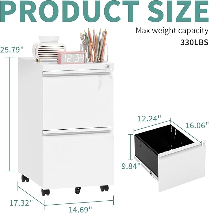 Fully Assembled 2 Drawer File Cabinet, Locking Full Steel Filing Cabinet, Quiet Slides, Anti-Tipping Wheels, Fits A4/Letter/Legal, for Home & Small Office, Matte White