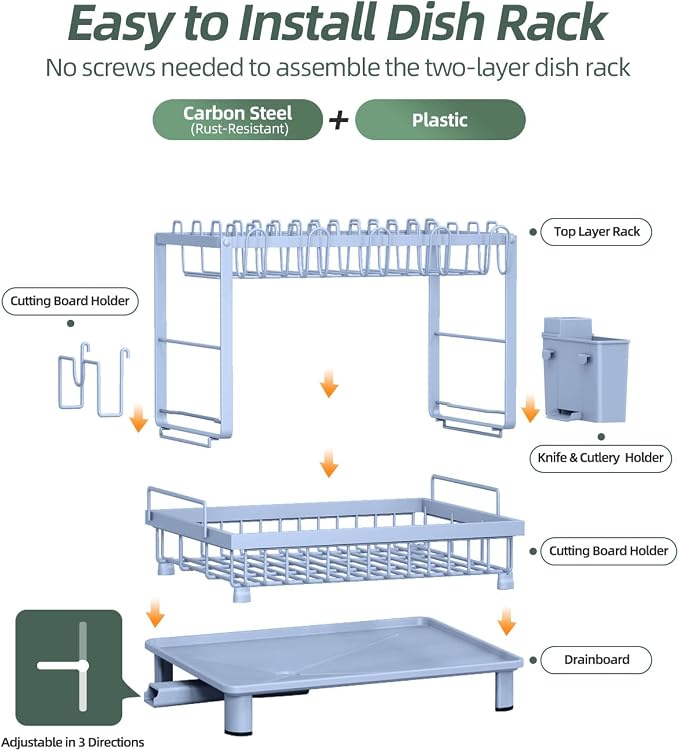 2-Tier Dish Drying Rack for Kitchen Counter, Space-Saving, Auto Drain Spout - Image 6