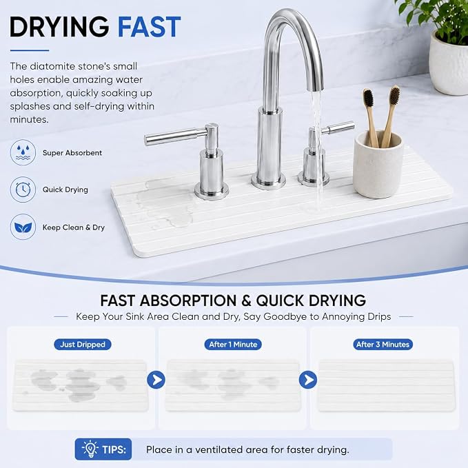 3 Hole Absorbent Faucet Mat, Quick Dry Diatomite Sink Splash Guard | Absorbent - Image 5