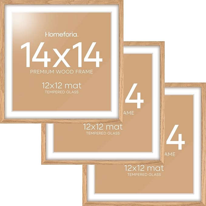 Homeforia Wood Square Frame 14x14, High End Natural Oak 14 x 14 Light Wooden Picture Frames with Mat 12 by 12 inch Photo, 14by14 Poster Frames Matted to 12x12 Print, Tempered Glass, Wall Kit, Set of 3