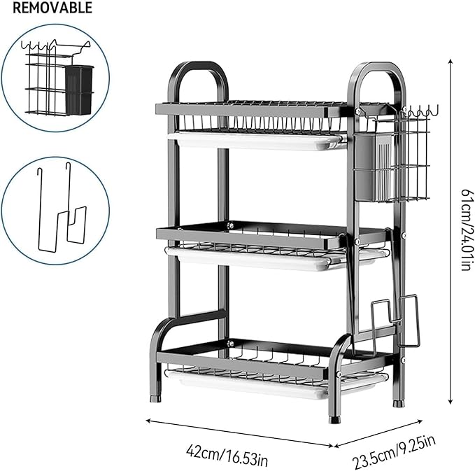Vergissm Large 3-Tier Dish Drying Rack with Drain Tray - Rustproof Carbon Steel Kitchen Organizer for Countertop with Utensil & Cutlery Holder, Spacious Drainboard - Multifunctional Dish Drainer