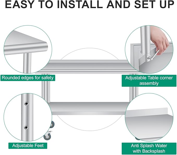 Stainless Steel Prep Table, 60 x 24 Inches, with Backsplash, Adjustable Undershelf and 4 Caster Wheels, Commercial Heavy Duty Table with Adjustable Under Shelf for Outdoor Use,Restaurants,Hotels,Works