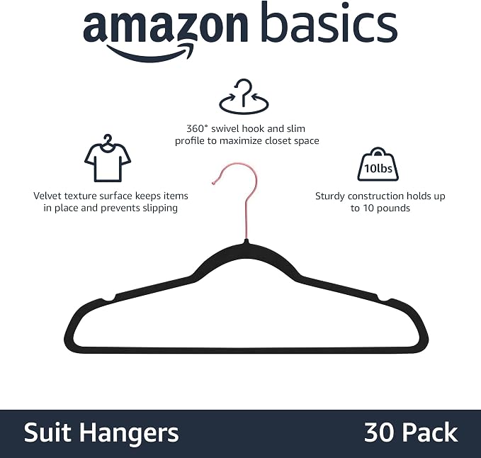 Amazon Basics Slim Velvet Non-Slip Space Saving Sturdy Suit Clothes Hangers - Image 2